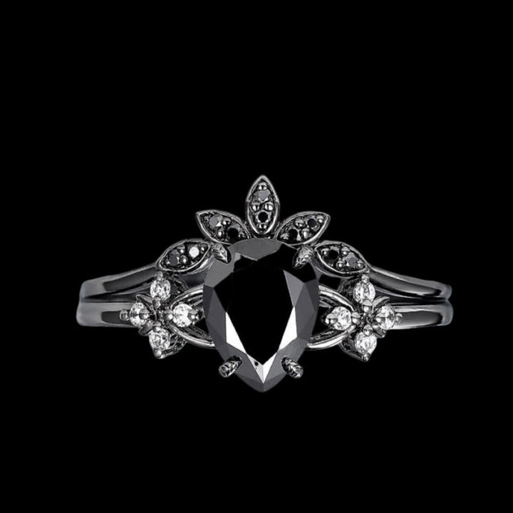 Black Onyx Tear Crown Ring Set
