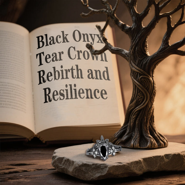 Black Onyx Tear Crown Ring Set