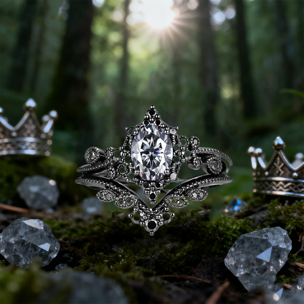 Black Oval Crown Ring Set