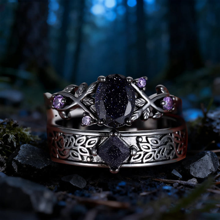 2 Pcs Blue Sandstone Leaf Ring Set