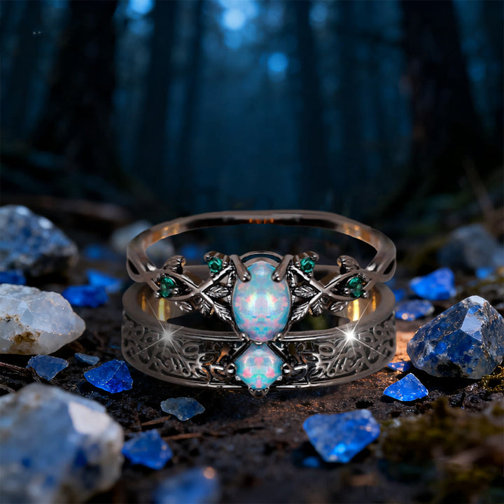2 Pcs Blue Sandstone Leaf Ring Set