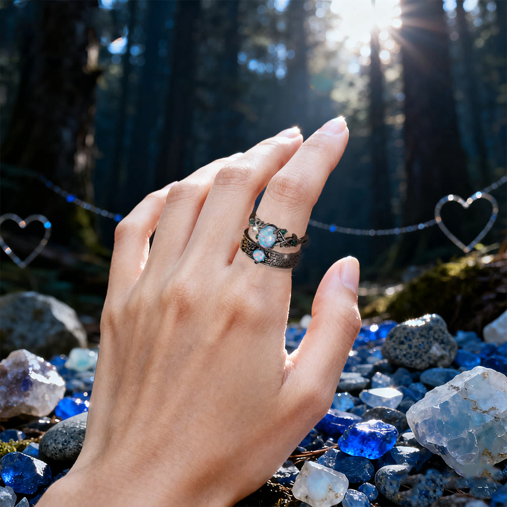 2 Pcs Blue Sandstone Leaf Ring Set