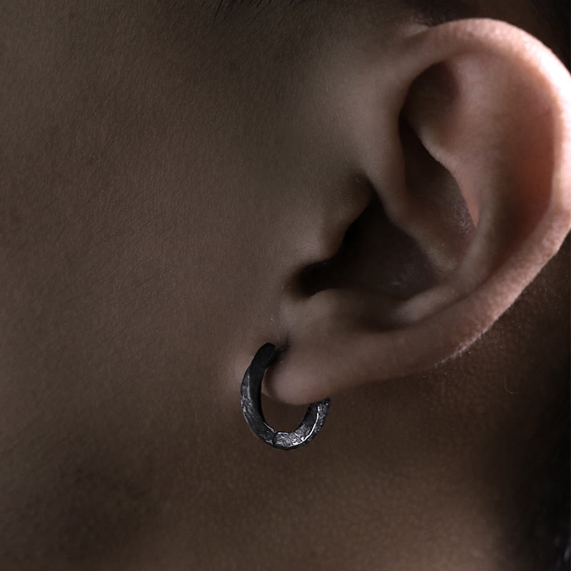 Handcrafted 925 Silver Viking Textured Black Hoop Earrings