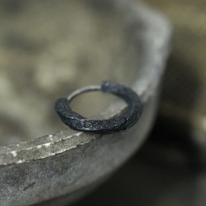 Handcrafted 925 Silver Viking Textured Black Hoop Earrings