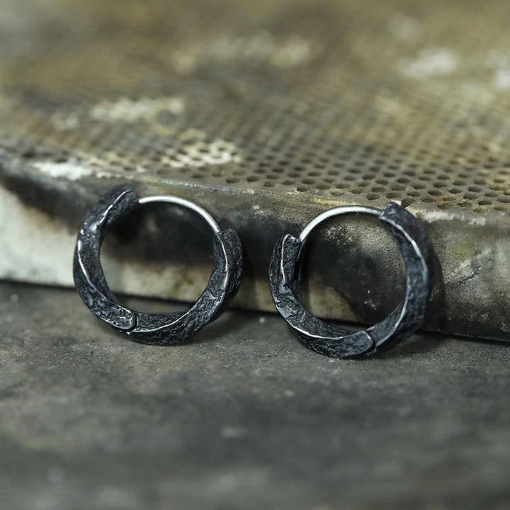 Handcrafted 925 Silver Viking Textured Black Hoop Earrings