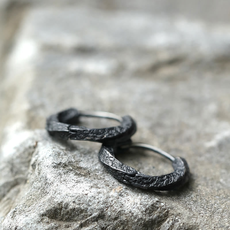 Handcrafted 925 Silver Viking Textured Black Hoop Earrings