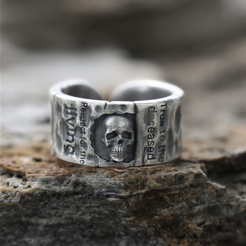Handcrafted 999 Silver Skull Encrusted Inscribed Artisan Ring