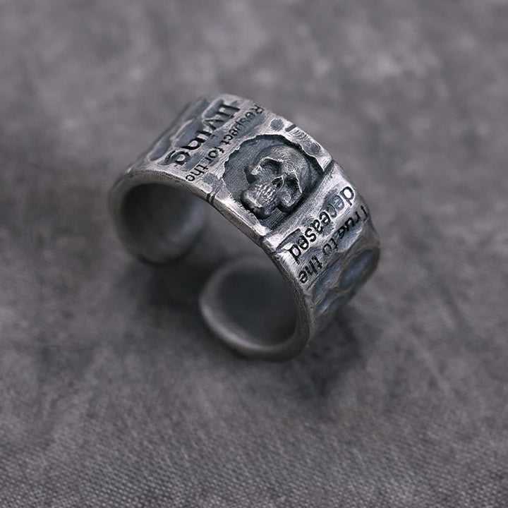 Handcrafted 999 Silver Skull Encrusted Inscribed Artisan Ring