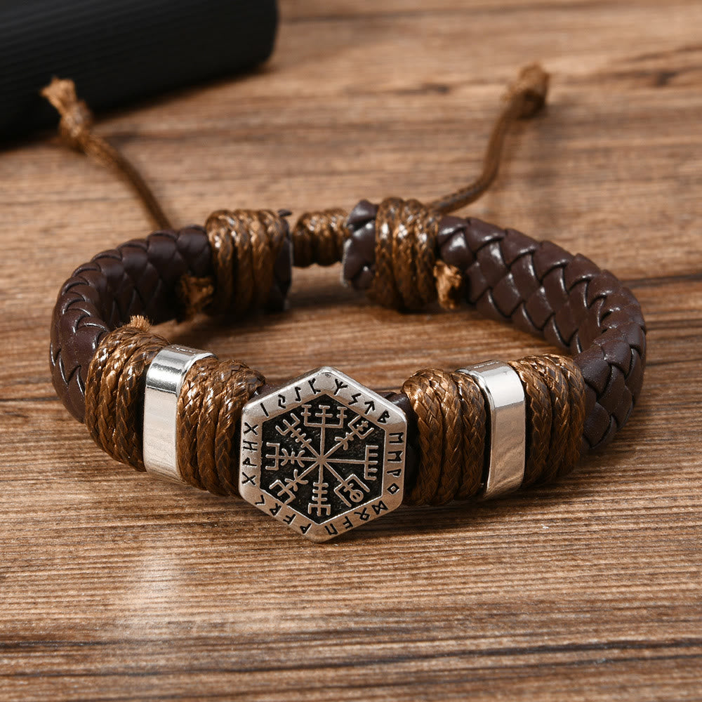 Viking Rune Adorned Twisted Leather Bracelet