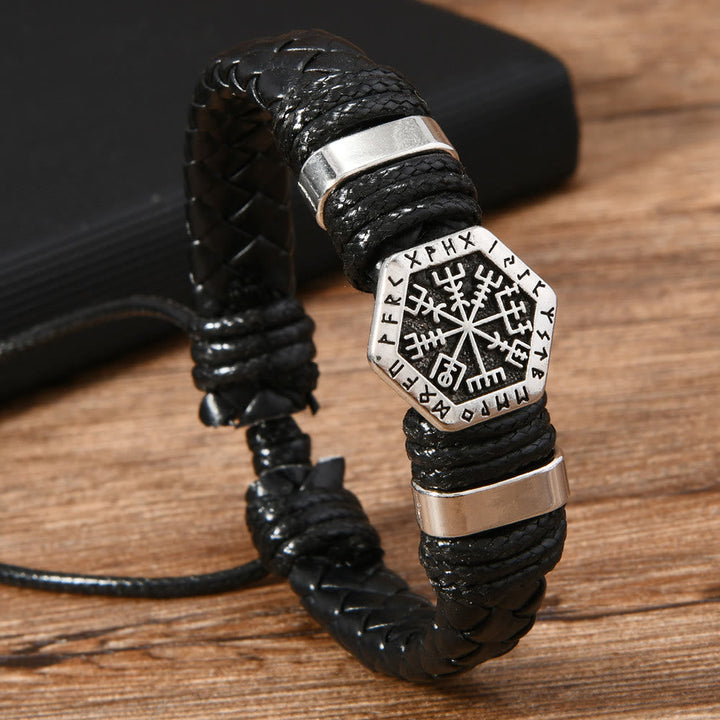 Viking Rune Adorned Twisted Leather Bracelet