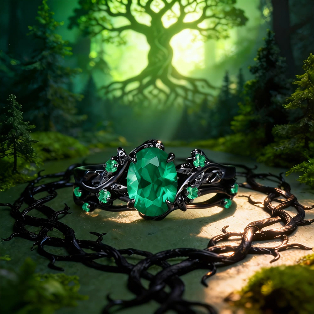 Yggdrasil Emerald Black Vines Ring Set