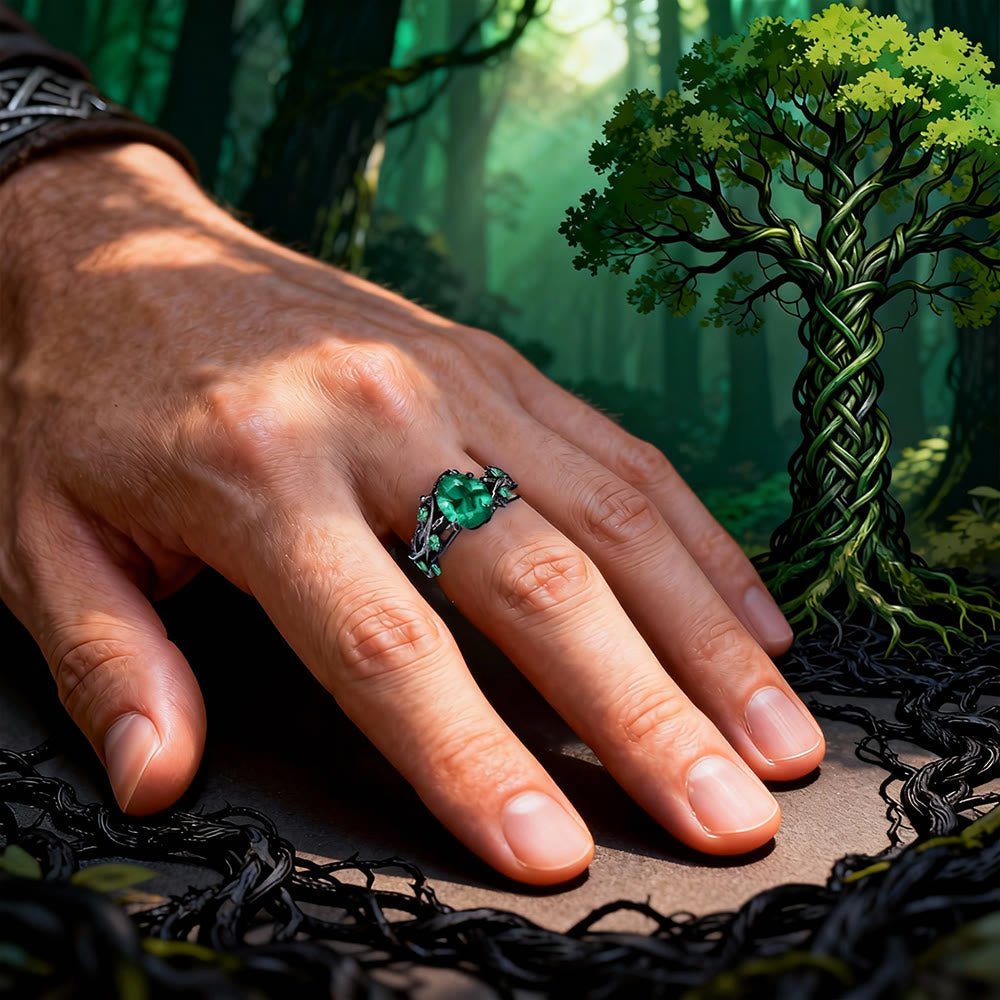Yggdrasil Emerald Black Vines Ring Set