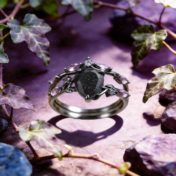Starry Night Dream Blue Sandstone Amethyst 2-Piece Ring Set