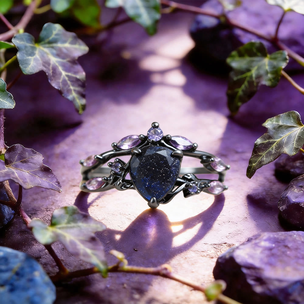 Starry Night Dream Blue Sandstone Amethyst 2-Piece Ring Set