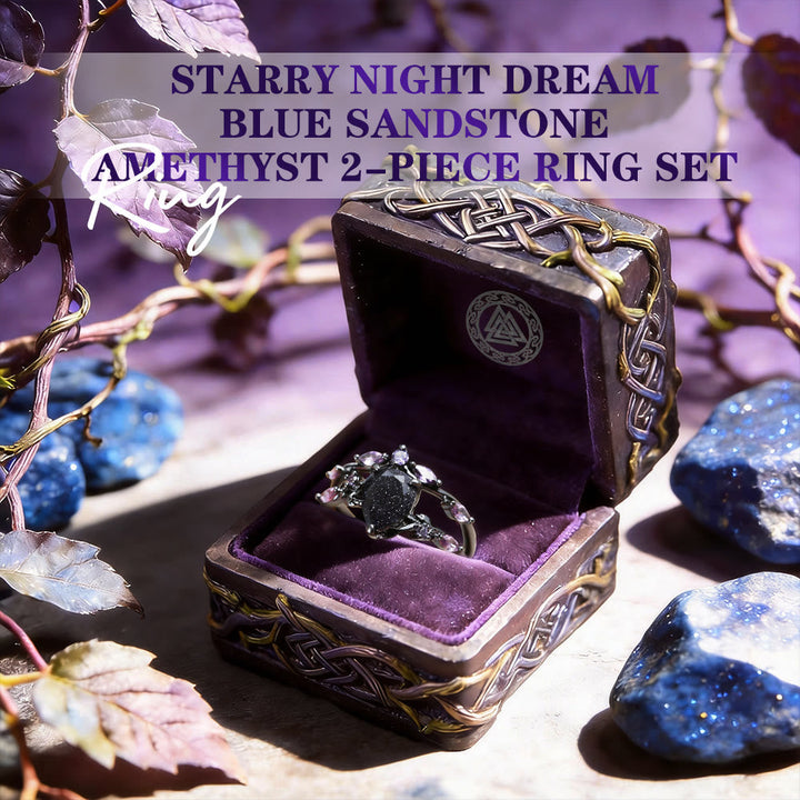 Starry Night Dream Blue Sandstone Amethyst 2-Piece Ring Set