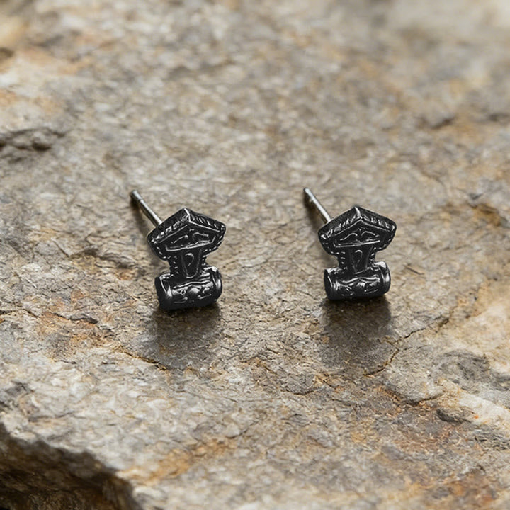 Mjolnir Carved Vintage Stud Earrings