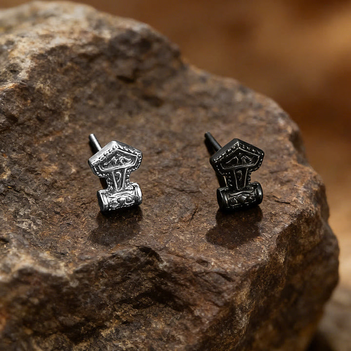 Mjolnir Carved Vintage Stud Earrings
