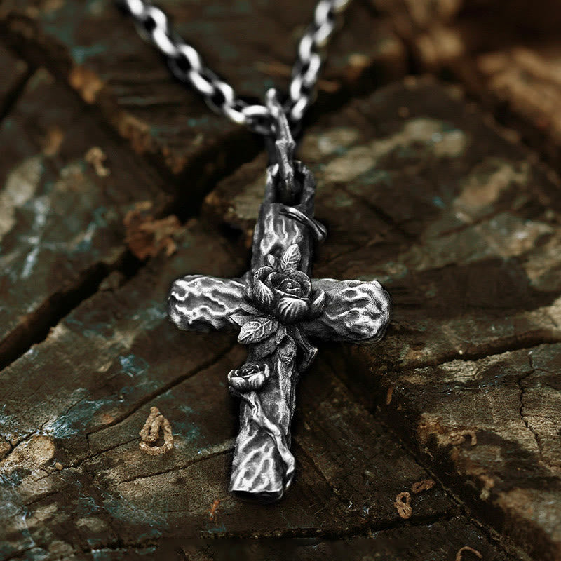 Handcrafted 999 Silver Thorn Cross Rose Necklace