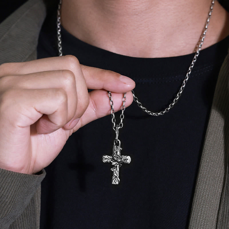 Handcrafted 999 Silver Thorn Cross Rose Necklace