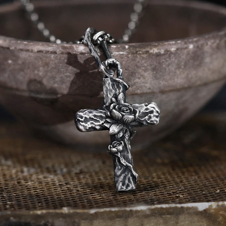 Handcrafted 999 Silver Thorn Cross Rose Necklace