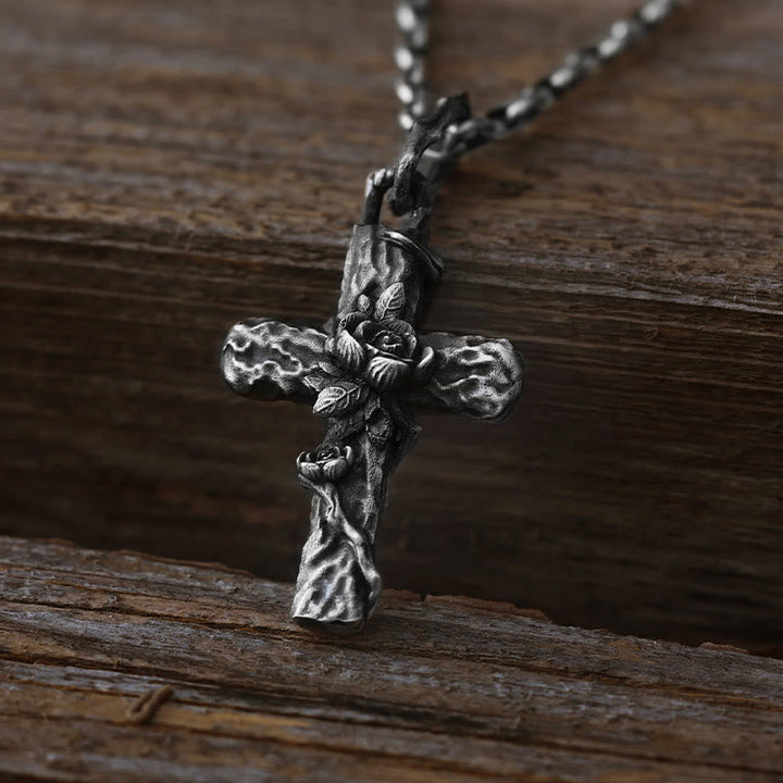 Handcrafted 999 Silver Thorn Cross Rose Necklace