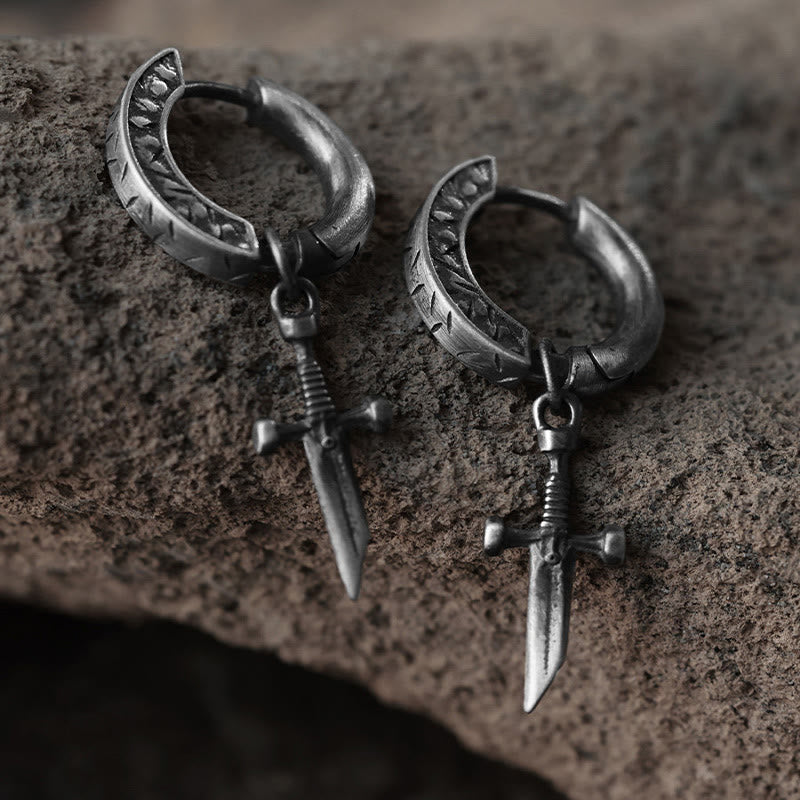 Handcrafted 925 Silver Viking Sword Hoop Drop Earrings