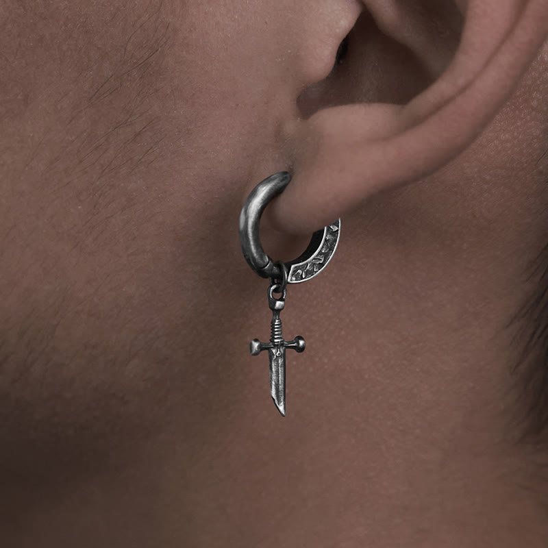 Handcrafted 925 Silver Viking Sword Hoop Drop Earrings