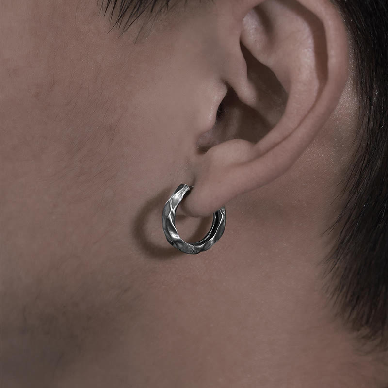 Handcrafted 925 Silver Hammered Rock Hoop Earrings