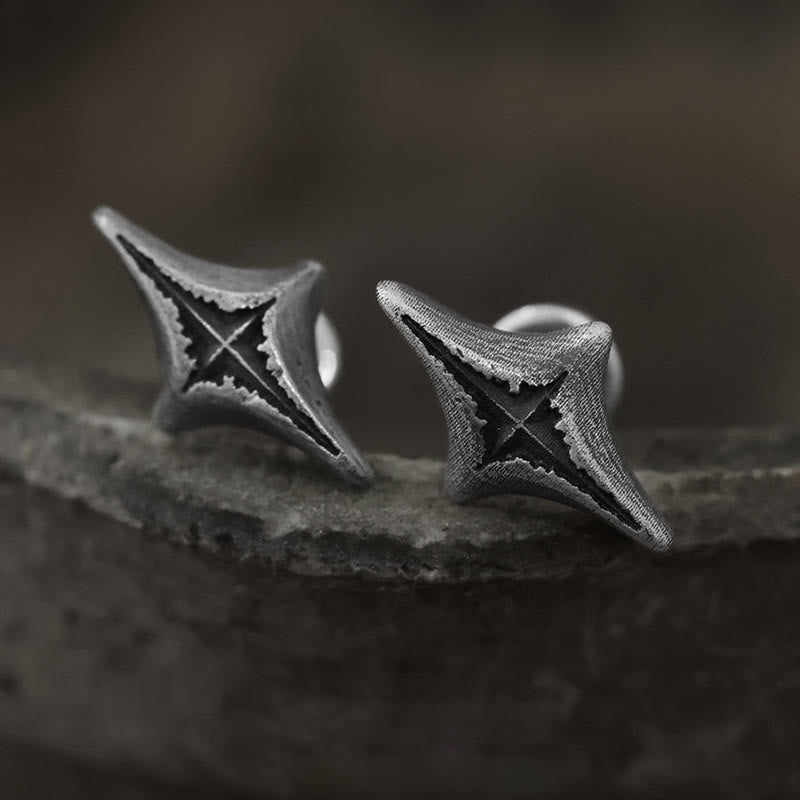 Handcrafted 999 Silver Four Pointed Star Carved Earrings