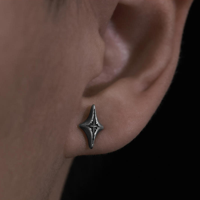 Handcrafted 999 Silver Four Pointed Star Carved Earrings