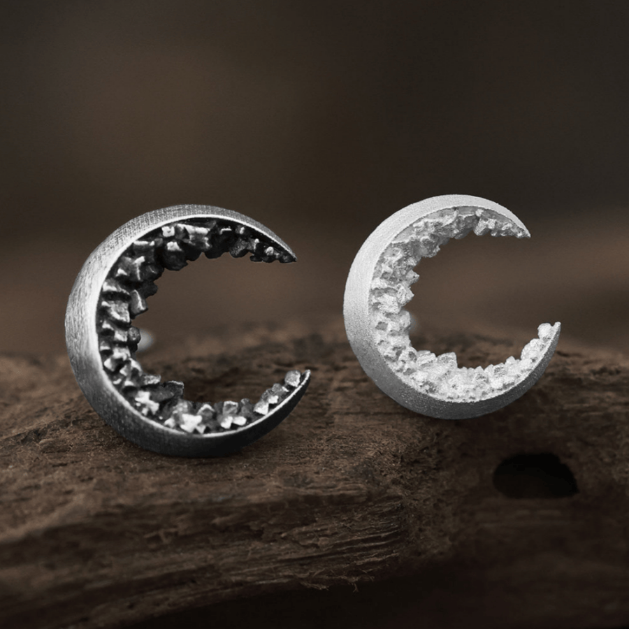 Handcrafted 999 Silver Fragmented Stone Crescent Earrings