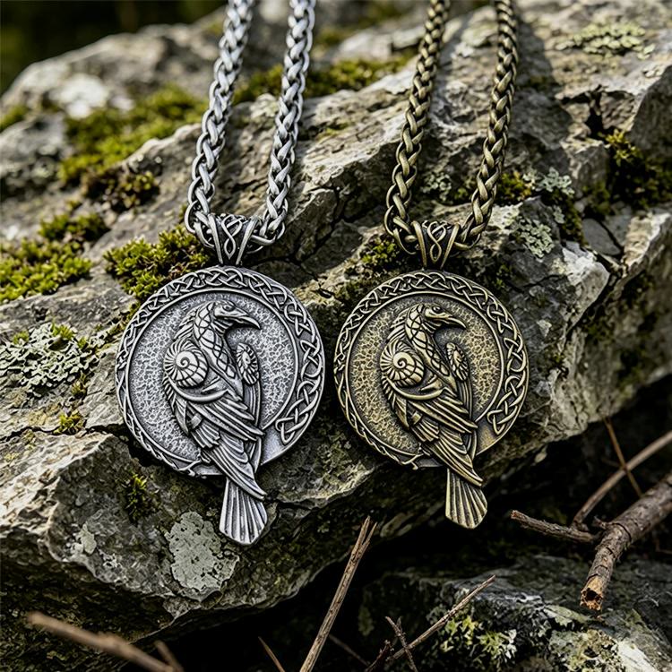 Double Sided Antique Odin Raven Celtic Knot Necklace