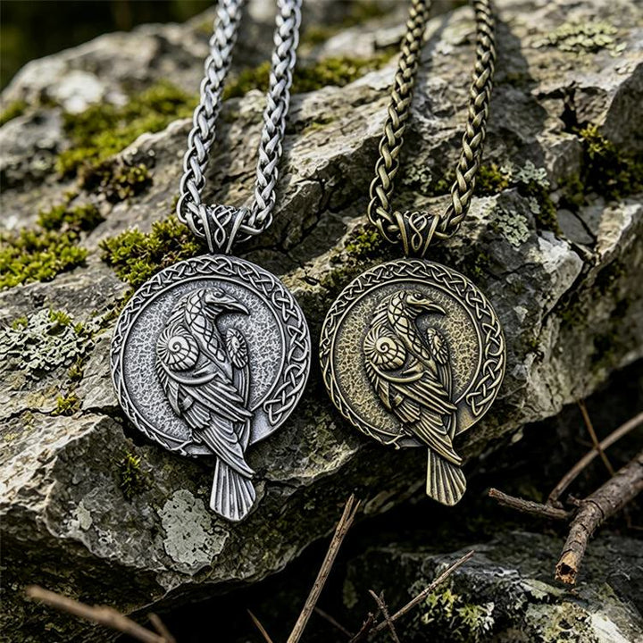 Double Sided Antique Odin Raven Celtic Knot Necklace