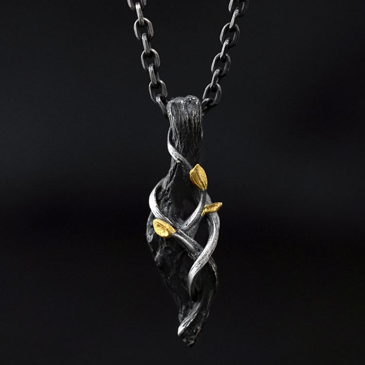 Handcrafted 999 Silver Withered Wood Twisted Vine Gold Leaf Necklace