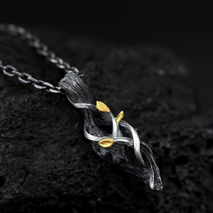 Handcrafted 999 Silver Withered Wood Twisted Vine Gold Leaf Necklace