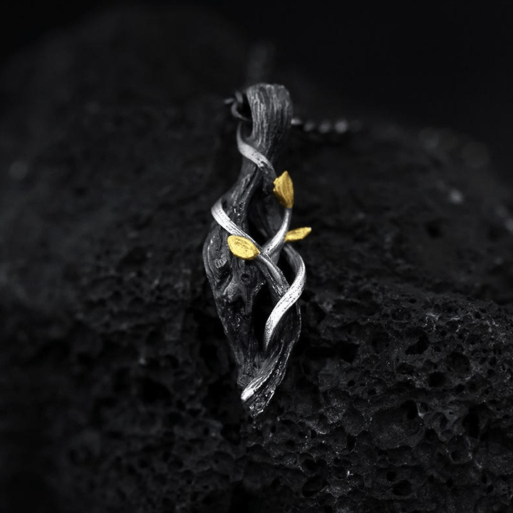 Handcrafted 999 Silver Withered Wood Twisted Vine Gold Leaf Necklace