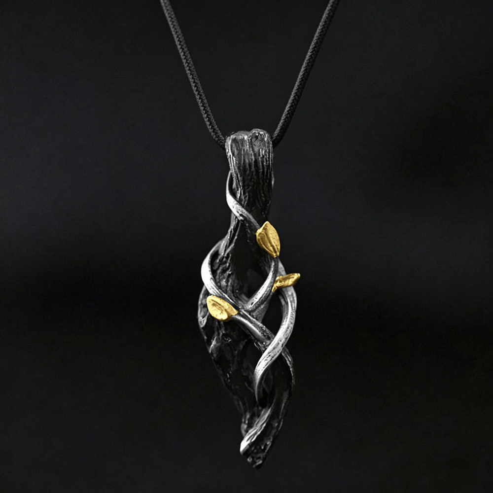 Handcrafted 999 Silver Withered Wood Twisted Vine Gold Leaf Necklace