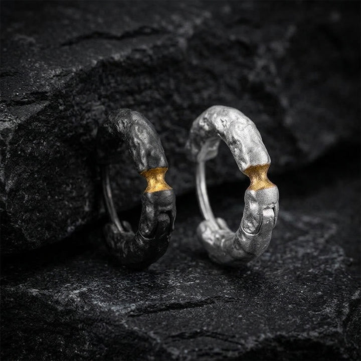 Handcrafted 999 Silver Rugged Rock Inlaid Gold Waist Earrings
