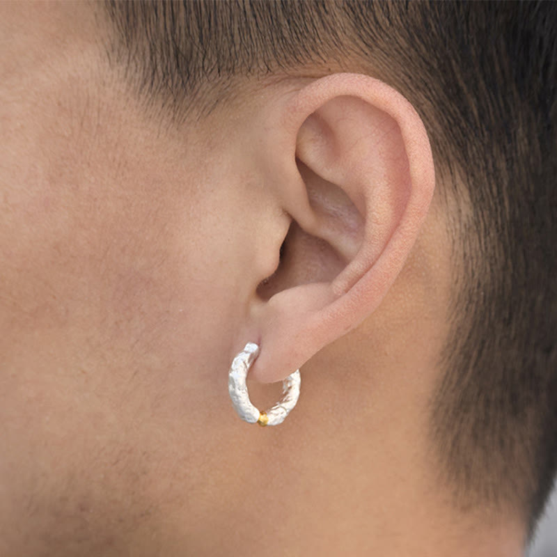 Handcrafted 999 Silver Rugged Rock Inlaid Gold Waist Earrings