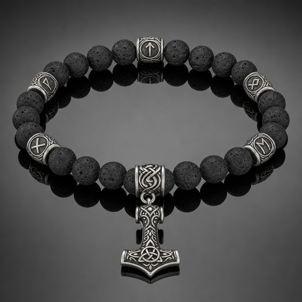 Lava Stone Mjolnir Bead Bracelet for Men