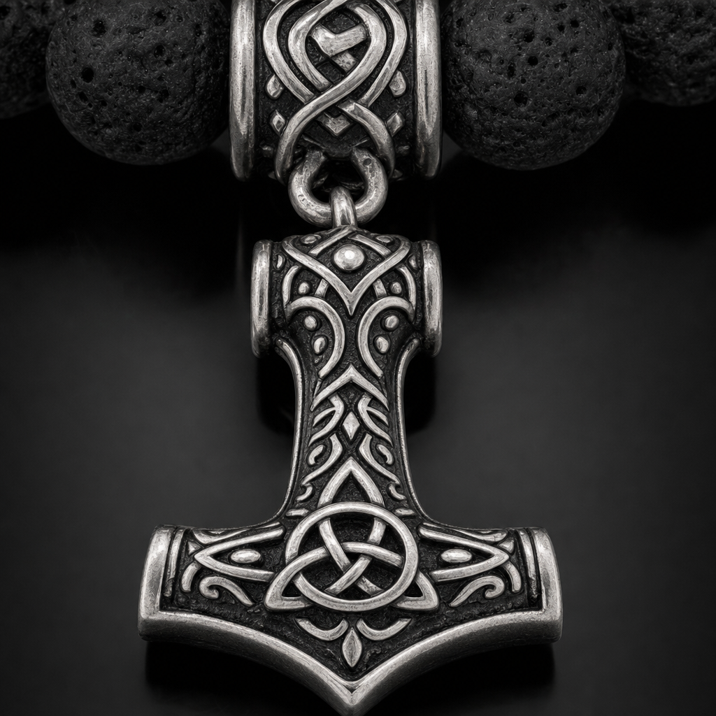 Lava Stone Mjolnir Bead Bracelet for Men — detail