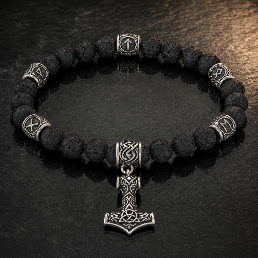 Lava Stone Mjolnir Bead Bracelet for Men — feature