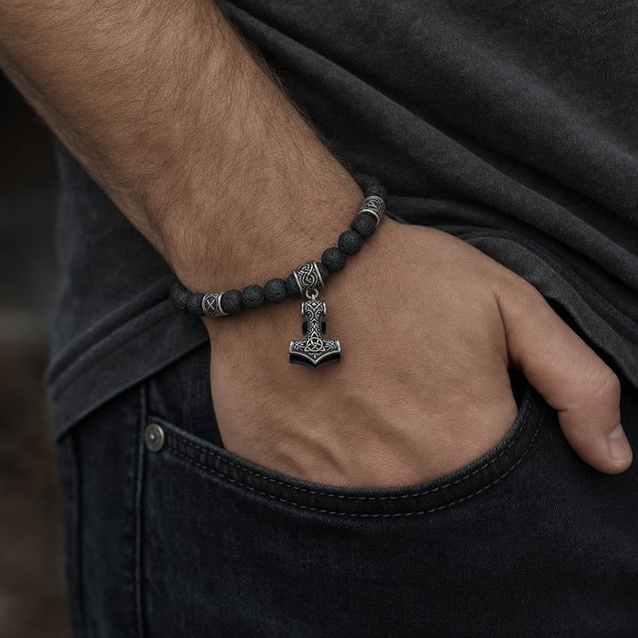 Lava Stone Mjolnir Bead Bracelet for Men — worn