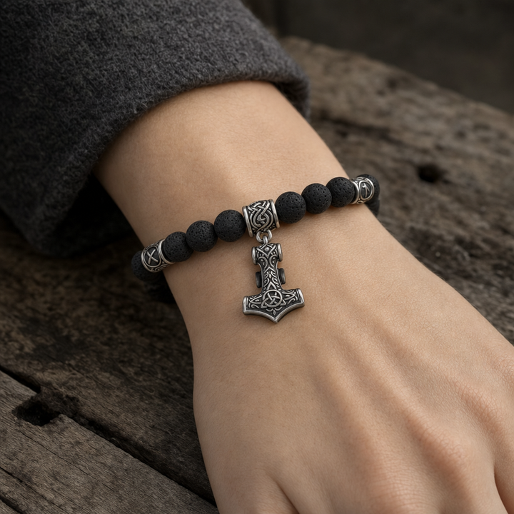 Lava Stone Mjolnir Bead Bracelet for Men — worn