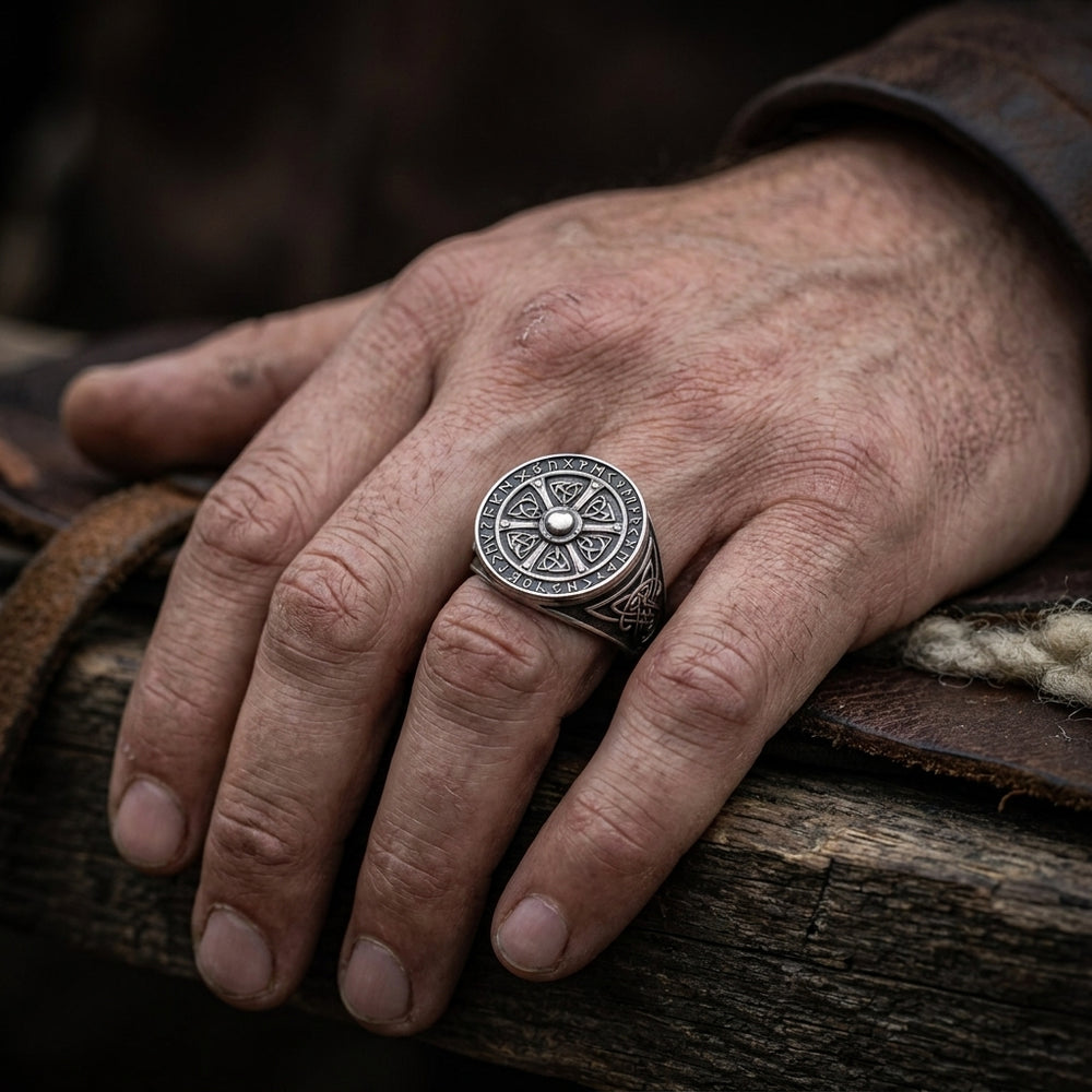 Viking Shield Signet Ring with Runes — worn