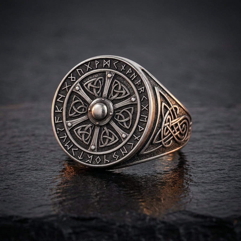Viking Shield Signet Ring with Runes — feature