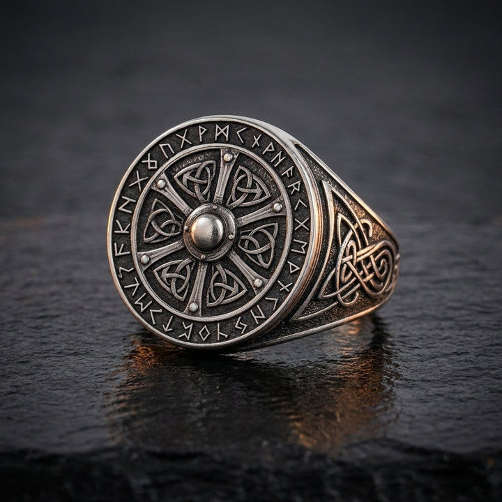 Viking Shield Signet Ring with Runes — feature