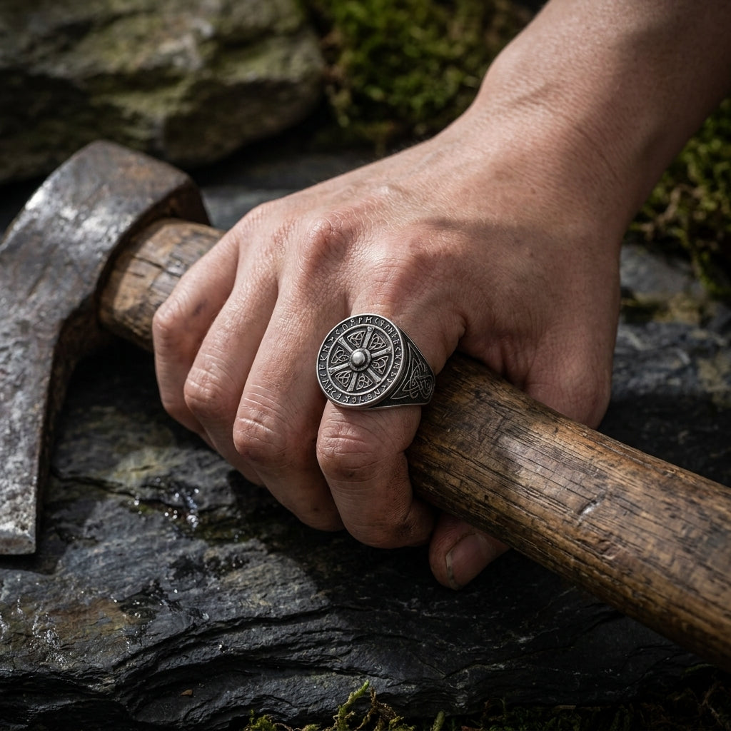 Viking Shield Signet Ring with Runes — worn