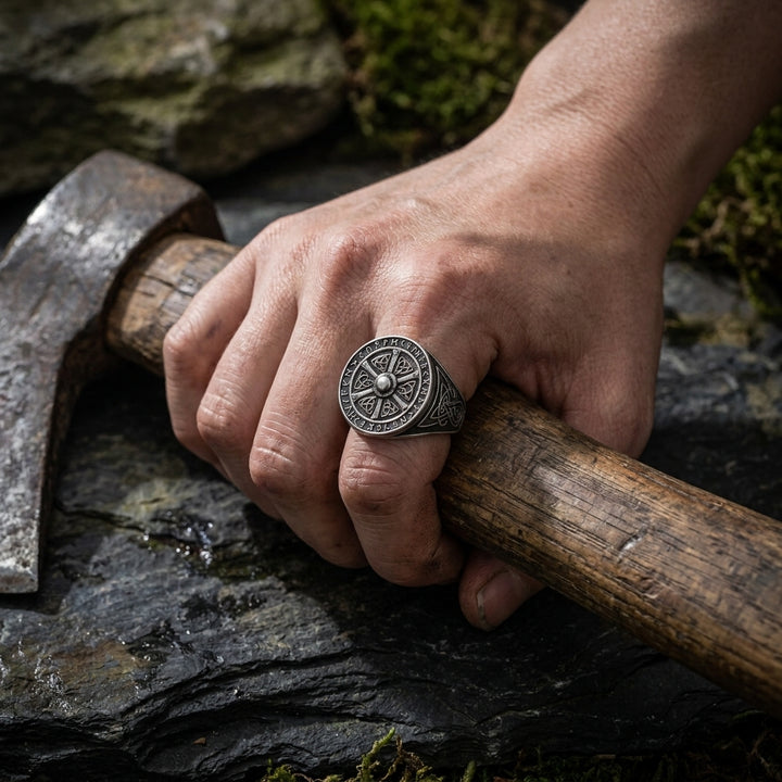 Viking Shield Signet Ring with Runes — worn