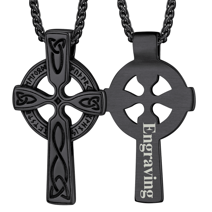 Irish Celtic Cross Pendant Necklace with Viking Runes for Men